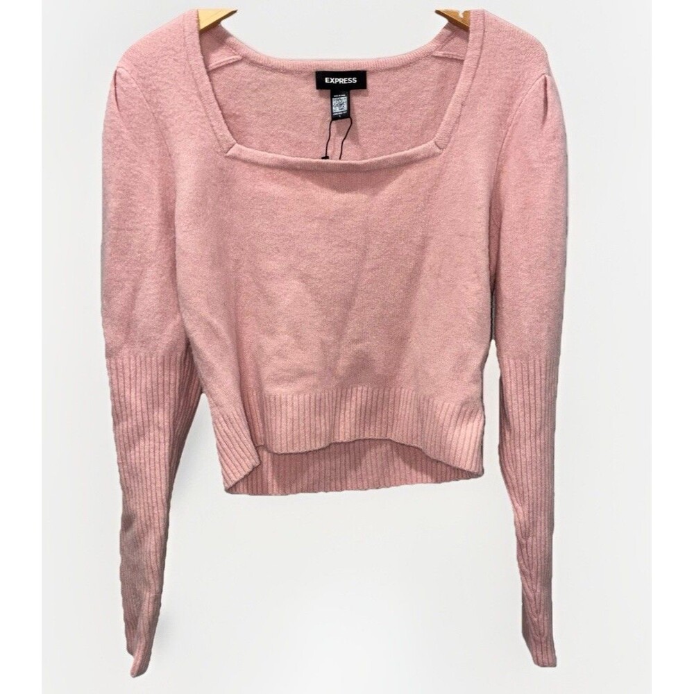 EXPRESS Pink Square Neck Cropped Sweater Puff Sleeve Knit Top Size L ~ NWT